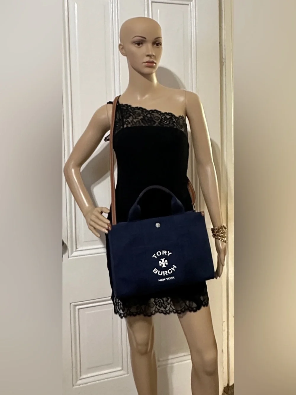 Tory Burch Navy Canvas 2-Way Bag with Tan Leather Trim